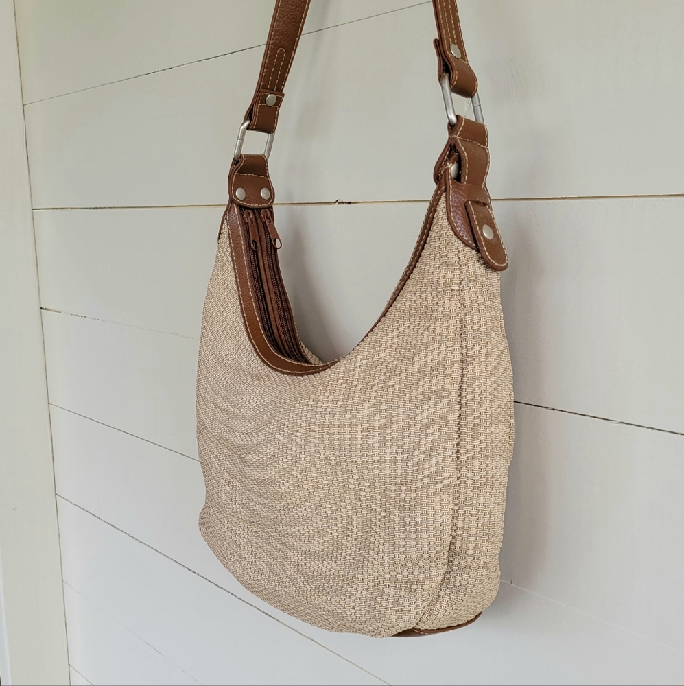 Tan Light Brown Woven Double Zipper Purse Handbag w Faux Brown Leather Straps